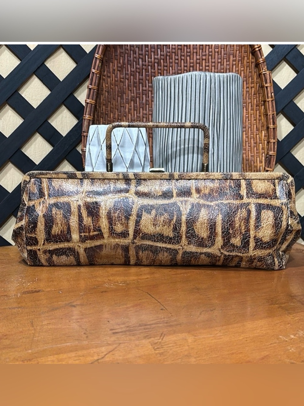HOBO Brown Croc-Embossed Leather Hobo Clutch - Picture 3 of 11